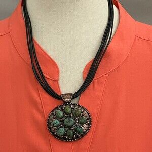 Chico's Black Cords Metal Pendant Green Stones Women's Fashion Necklace NWOT